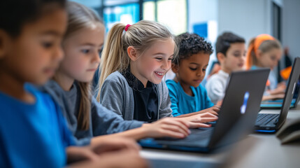 A group of tech-savvy primary school children using laptops and tablets in class, guided by a young female teacher educating them on internet safety and programming languages.