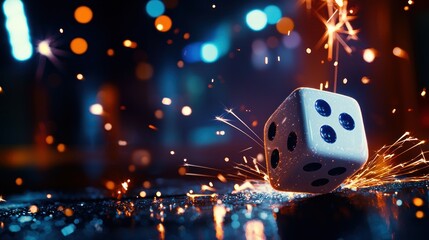 A close-up shot of a dice rolling amidst vibrant sparks and colorful bokeh lights at night