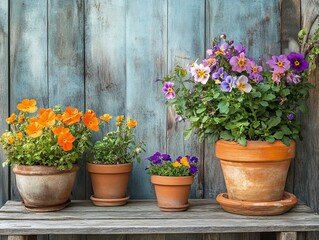 Wooden garden table adorned with terracotta pots filled with blooming flowers in a vibrant spring setting. Generative AI