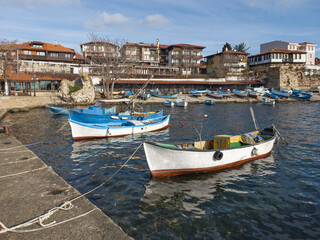 Obraz premium Fishing boats at the port of Nessebar, Bulgaria