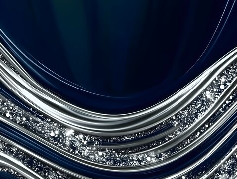 Silver Waves on Midnight Blue: Abstract digital art featuring elegant, flowing silver lines against a deep navy blue backdrop, adorned with sparkling crystal-like details.  The image evokes luxury.