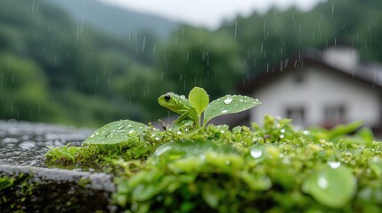 Green frog on rain-soaked plant, mountain backdrop