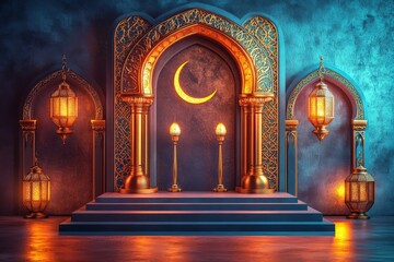Illuminated Islamic Archway Ramadan Festive Setting Gold Lanterns Crescent Moon Night