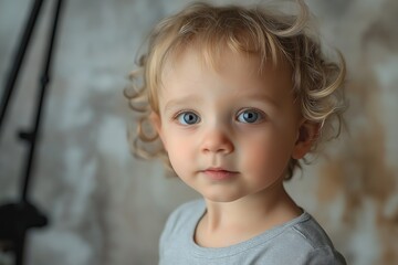 Cute child with light hair in blue clothing on a gray background