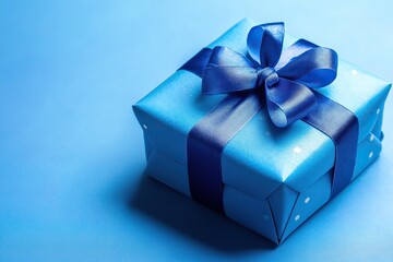 Gift box tied with a blue ribbon on a studio background