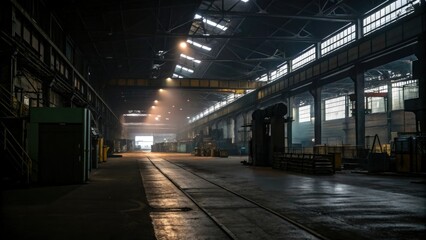 Dark factory floor with dim lighting and industrial machinery, equipment, metal, shadows, machinery, grunge