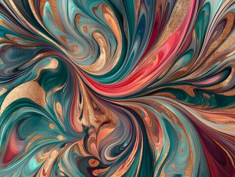 Abstract Swirling Symphony: A mesmerizing abstract artwork featuring swirling, vibrant hues of teal, gold, crimson, and burgundy, creating a dynamic and visually captivating pattern. 