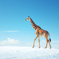 Obraz premium Stunning side view of a giraffe walking on the North Pole against a vibrant blue sky. Perfect for creative projects, advertising, and wildlife themes.