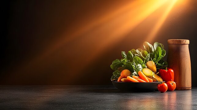 Bowl of fresh vegetables with a colorful hearty vegetable stir-fry on a wooden table - Powered by Adobe