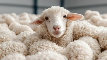 Fototapeta premium Lamb amidst fleece, farm, rural scene, wool production
