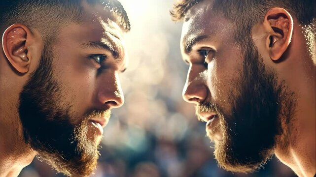 Two intense-looking men with beards facing each other, suggesting a competitive or confrontational scenario.