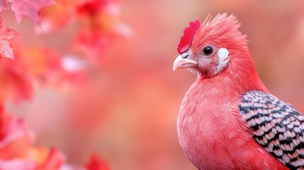 Pink Silkie chicken autumn leaves background postcard