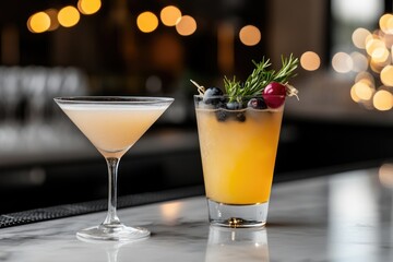 Cocktails selection: mixed beverages, alcoholic options, non-alcoholic drinks, vibrant colors, creative garnishes, chilled glasses, bar counter display, refreshing flavors, stylish presentation.