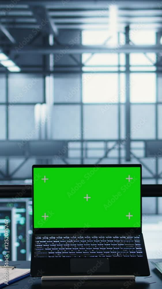 Poster vertical video coworkers in data center using mockup laptop, integrating green technologies. it expe
