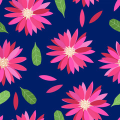 Pink cactus flowers on a blue background. Seamless pattern. Vector illustration for wrapping paper, fabric, print.