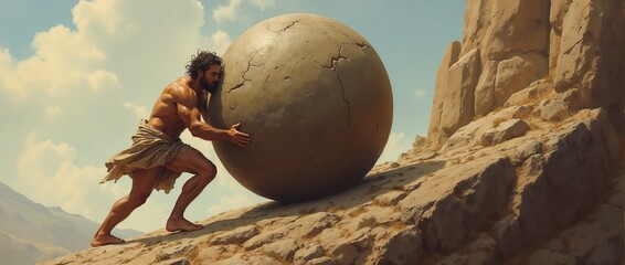 Sisyphos is seen in a mythological representation rolling a large boulder uphill, symbolizing perseverance, effort, and challenge in a rocky and arid terrain under a clear sky.

