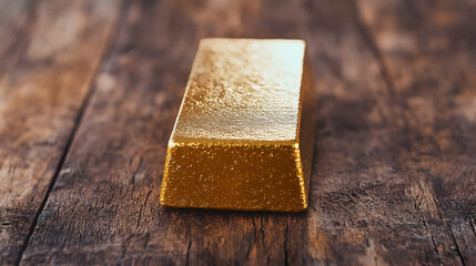 Gold bar on rustic wood table; wealth, finance