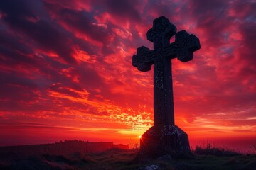 Sunset behind a cross on a hill with a red sky