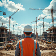 Construction Worker Surveying Building Site Crane Hard Hat