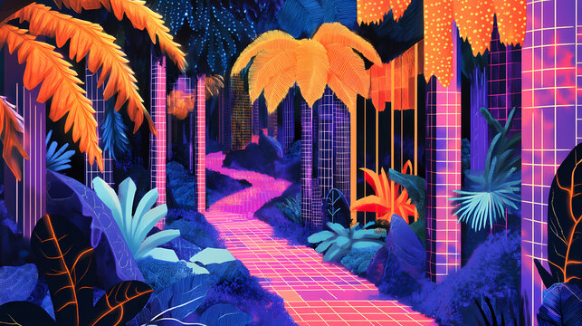 A virtual reality jungle with neon vines weaving through pixelated trees against a backdrop of mosaic patterns. Woven Reality. Illustration