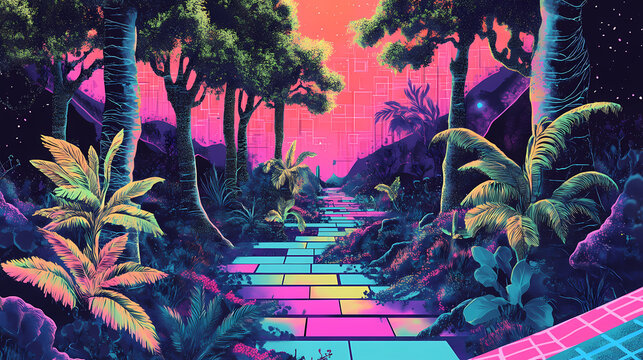 A virtual reality jungle with neon vines weaving through pixelated trees against a backdrop of mosaic patterns. Woven Reality. Illustration