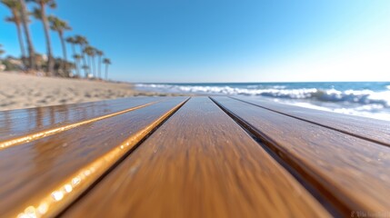 Wet wooden beach table, ocean waves, palm trees, sunny day, summer vacation
