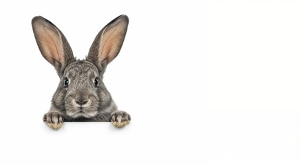 Obraz premium Adorable brown rabbit peeking over a clean white surface, staring playfully at the viewer, showcasing a curious and cute expression with a completely isolated white background.
