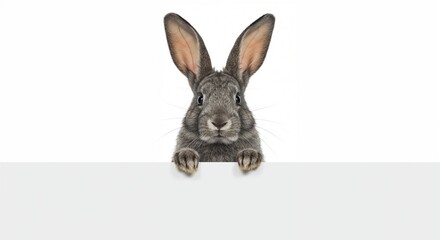 Obraz premium Adorable brown rabbit peeking over a clean white surface, staring playfully at the viewer, showcasing a curious and cute expression with a completely isolated white background.