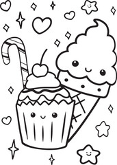 Cake and Ice Cream Kawaii Cute Hand Drawing Doodle Kids Playful Coloring Book