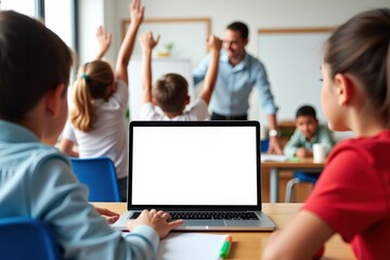 An Engaging Classroom Environment: Children Actively Participating in Lessons While a Teacher Facilitates Learning with a Laptop in a Bright Educational Setting