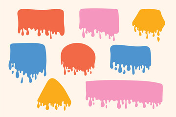 Vector organic shapes with dripping liquid. Hand drawn text boxes. Colorful flowing liquid drops from above. Abstract liquid shapes. Organic flat drops.