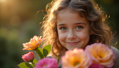 a little girl holding a bunch of flowers