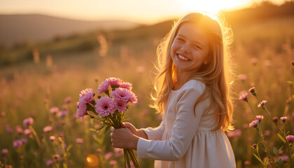 a little girl standing in a field of flowers