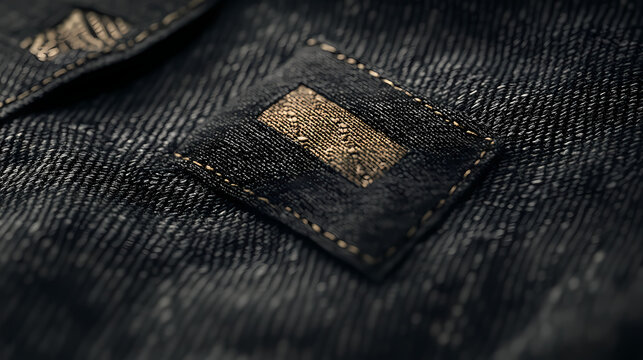 Custom woven neck labels on dark textured fabric, soft shadows and stitching detail enhance realism. Woven Reality. Illustration