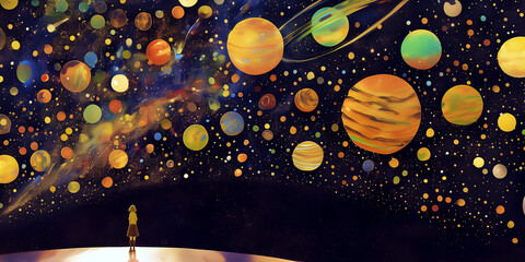 Obraz premium 博物館で休日を過ごす女性。水彩画。イラスト。広告素材。ブログ素材。博物館素材。