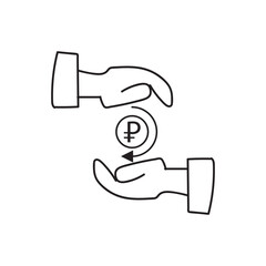 Save money sign Russian ruble. Hands and coin