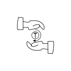 Save money sign Tenge is the monetary unit of Kazakhstan. Hands and coin