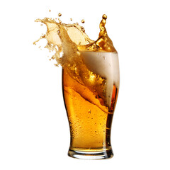 Tall Glass of Beer with Bubbles and Foam Splash Transparent Background