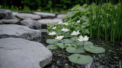 White water lilies in garden stream, stones, plants