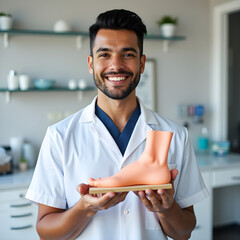 a man in a white lab coat holding a shoe
