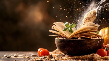 Family recipes and a book pouring out of a mortar on a wooden table
