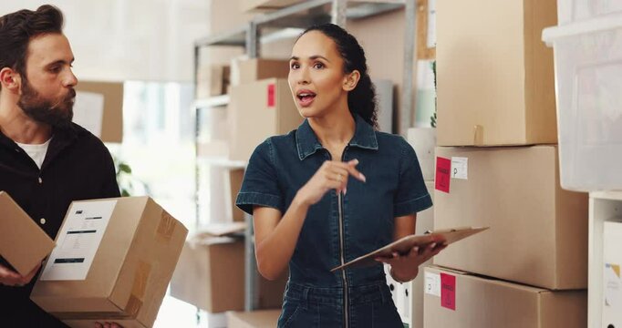 People, talk and package on tablet of small business for inventory, online order and delivery schedule. Staff, digital and boxes inspection of distribution, supply chain checklist and quality control