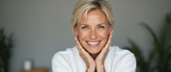 A cheerful woman in a bright room touches her face while smiling warmly.

