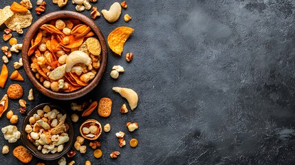Bowl of assorted dried nuts and crunchy snacks on a wooden table with natural lighting