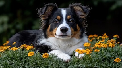 Fototapeta premium Adorable puppy resting amidst flowers