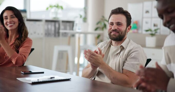 Employees, handshake and clapping for welcome in office, merger celebration and excited company. Business people, respect and thank you gesture for acquisition in meeting, applause and achievement