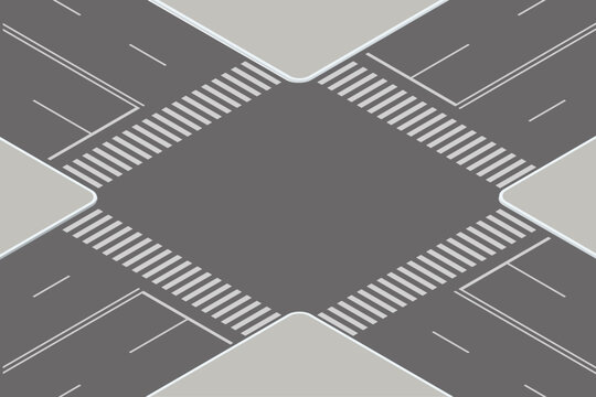 Isometric vector illustration of an empty urban intersection with pedestrian crosswalks and road markings. The clean layout is ideal for traffic planning and city design concepts.