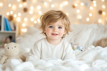 Fototapeta premium A cute little boy in his room. Generative AI