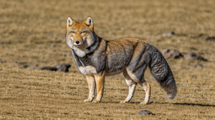 Obraz premium Tibetan sand fox in green plains of Tibet Plateau on sunny day. Wild Asian canid in nature, endemic animal to China, Nepal and India.