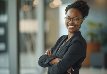 a woman in a suit with her arms crossed